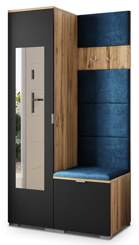 Masseno Flugarderoben Set VIRA, Kleiderschrank-Set mit Spiegel und Sitzbank, Garderobenschrank Flur mit 3 Regalböden, Eiche Wotan/Schwarz