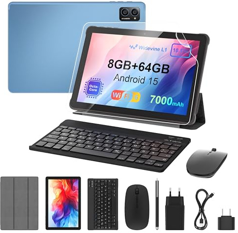 Tablet 10 Zoll Android 15: 2026 Neueste 7000mAh Octa-Core 8GB RAM+64GB 1TB TF Tablet PC WiFi 6 2.4G/5G Bluetooth 5.0 1280 * 800 FHD GMS Dual Kamera mit Tastatur Maus, Typ C, Adapter, Hülle, OTG, Stift