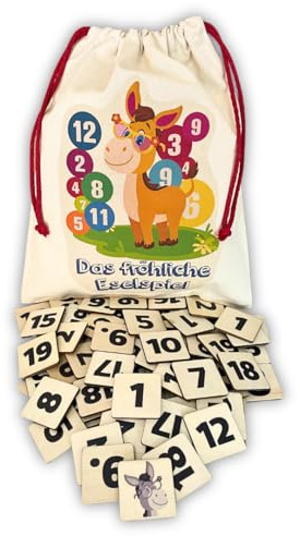 Mutou Das Eselspiel 2.0 ECKIG – Volle Zahlen – 121 Teile aus Holz mit Stoffbeutel – Handgefertigtes Familienspiel - Lernspiel - Geschenk - Partyspiel - Gesselschaftsspiel - Reisespiel