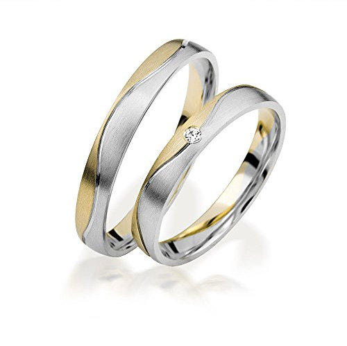 JC Trauringe Gold 585 Paarpreis Bicolor Gelbgold Weißgold I Traumhafte Eheringe 3 mm breit I Partnerringe mit Gravur in edler Schatulle I 2 Hochzeitsringe Herrenring ohne & Damenring mit Stein I C117