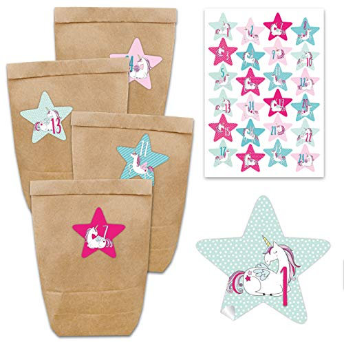 Papierdrachen Adventskalender zum Befüllen - mit 24 braunen Papiertüten und 24 Einhorn- Aufklebern - zum Selbermachen und Basteln - Mini Set Nr 38 - Weihnachtskalender für Kinder