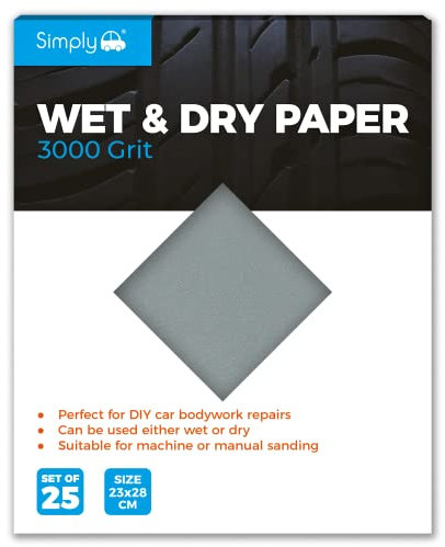 Simply WD3000 Wet & Dry Polishing Paper 3000 Grit, Pack of 25, 230mm x 280mm, Perfect for DIY Car Bodywork Repairs, Machine, Manual Sanding, Furniture and Home Improvement, Grau