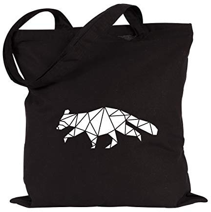 JUNIWORDS Jutebeutel - Wähle ein Motiv & Farbe - Origami Elefant (Beutel: Schwarz, Motiv: Weiß)
