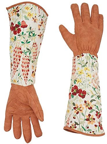 Ruibo Leather Rose Gardening Gloves/Thorn Proof Pruning Gloves With Puncture Resistant Long Sleeve Polyester Print Cuff/For Blackberry Plants Rose Bush Women