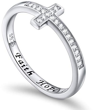 Flyow 925 Sterling Silber Schmuck Seitwärts Kreuz weiß Ring Gravur Faith Hope Love (57 (18.1))