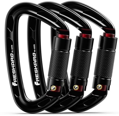 FresKaro 25kN Climbing Carabiners Double Locking Carabiner Clips, Heavy Duty Carabiner for Rock Climbing, Rappelling, Hunting, or Survival Gear kit, Gym Equipment, Cerfified UIAA Carabiner Black