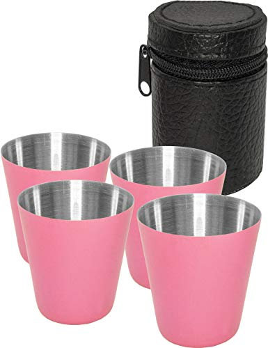 Outdoor Saxx 5-teiliges Edelstahl Becher-Set, unzerbrechlich, 4 Schnaps-Becher in Leder-Tasche, pink