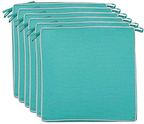 Brandsseller 6er Set Sitzkissen 40x40x4 cm – Wasser- & schmutzabweisende Stuhlkissen mit Bindebändern & Paspel – Für Innen & Außen – Garten, Terrasse, Küche – Türkis