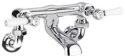 Old London BC303HLWM Topaz | Traditional Bathroom Wall Mounted Bath Filler with Lever Handles and Hexagonal Collars, 142mm x 338mm, Chrome/White