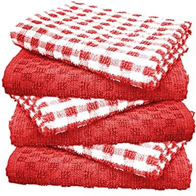 A & B TRADERS 100% Cotton Terry Tea Towels Packs (Sets of 2, 3, 6, 12 or 15) Egyptian Mono Check Superdry Soft Professional Hotel Quality Kitchen Dish Cloth (Red, 6)