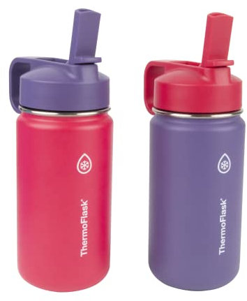 ThermoFlask Kids Bottle with Straw Lid - Durable & Dishwasher-Safe Water Bottles & Lids - Leak-Proof Bottle Lid Design - Reusable Water Bottles for Everyday Use - 14 oz, Punch/Eggplant (2 Pack)