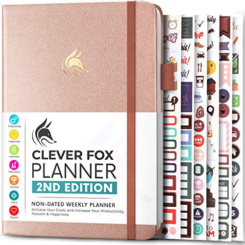 Clever Fox Planner 2. Auflage - Farbenfroher Planer für Wöchentliche und Monatliche Ziele, Zeitmanagement und Produktivität, Dankbarkeits-Tagebuch, Undatiert, A5, Reicht für 1 Jahr - Roségold