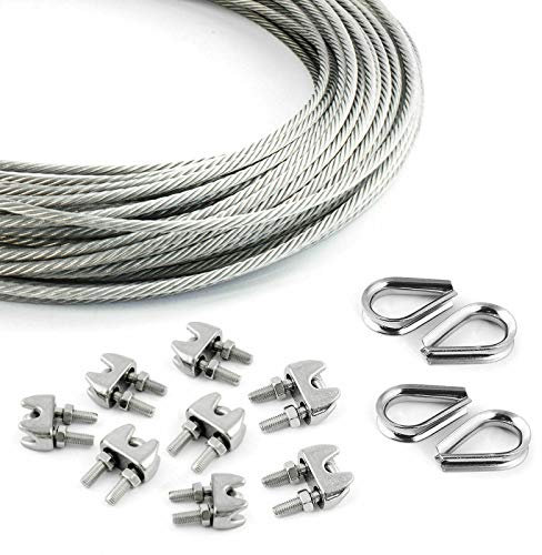 DQ-PP STAHLSEIL SET | 5mm | 50m | 8 x Seilklemmen 5mm | 4 x Kauschen 5mm | Edelstahl INOX | 7x7 mittelweich | Drahtseil für Rankhilfe Rostfrei Seil Stahl Draht Forstseil Windenseil
