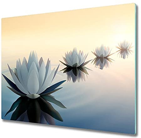 Planche à Découper en Verre Trempé 60x52 cm Pieds Antidérapants Symétrique Avec Impression Bords Polis Modernité Résistant à la Chaleur Contact Alimentaire Décoration - Fleurs de lotus