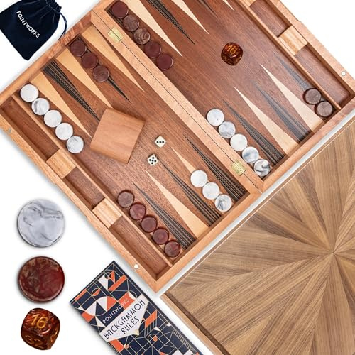 Pointworks 17 Inch Backgammon Sets for Adults. Beautiful Wood Inlaid Backgammon Board Game Set with Unique Checkers & Dice. Large Back Gammon Game Sets Travel Size for 2 Players Nardi or Tavla