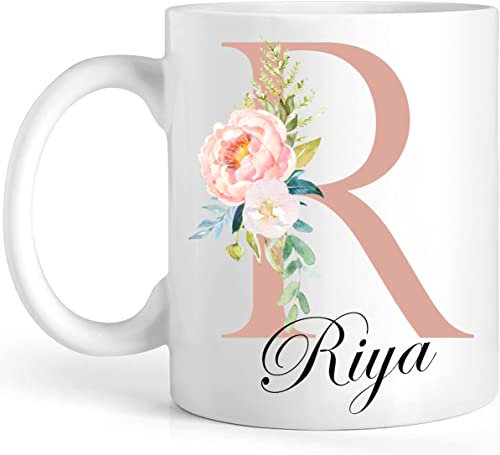 Mobile Stuff Personalised Floral Mug Initial with Name, Customised Gift for Mum, Dad, Kids or Girls, Printed Glitter, NOT Real Glitter, Tea Coffee Mug (11oz) (Rose)