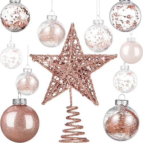 Lot de 24 Boules de Noël en Plastique incassable avec Une étoile de Sapin de Noël, Nouvel an, Mariage, Maison, fête (Or Rose)