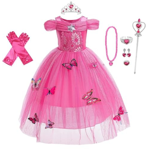 Lito Angels Vestito da Principessa Aurora Costume da Bella Addormentata con Accessori per Bambina, Taglia 7-8 Anni, Rosa Caldo