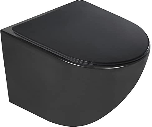 BADLAND Hänge WC Delos Schwarz Spülrandlos Toilette Tiefspüler Set inkl. Slim WC-Sitz mit Soft-close Absenkautomatik und Schallschutzmatte