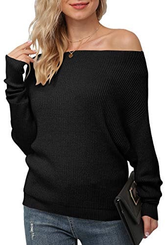 IWOLLENCE Womens Jumper Off Shoulder Waffle Knit Long Sleeve Tops Ladies Loose Batwing Sweater Casual Blouse(Black, L)