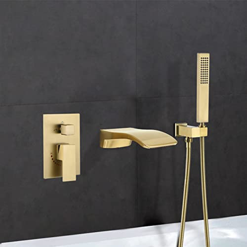 XJTNLB Badewannenarmatur Wasserfall mit Brause Einzelgriff Mischbatterie Badewanne Unterputz Armatur Badewanne Dusche,Gebürstetes Gold