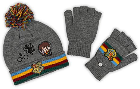 Harry Potter Rainbow Gryffindor Kinder Pom Pom Beanie & Handschuh Set, Mehrfarbig, One size