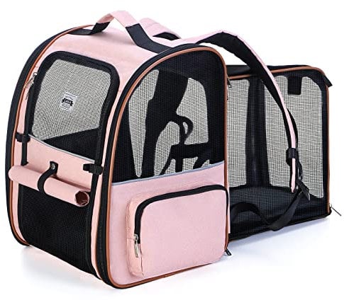 Lekespring Erweiterbar Katzenrucksack Hunderucksack für Katzen Hunde bis 8kg, Groß Katzen Rucksack Faltbare Haustier Rucksack mit Innerer Sicherheitsleine und Haustiermatte, Rosa
