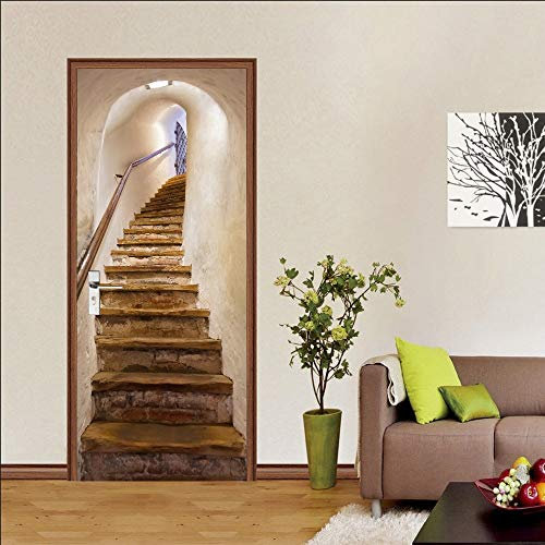 poster trompe l'oeil 85x215cm(33.46 inches * 84.64 inches)Escaliers grottes Autocollants de porte 3d, PVC Auto-adhésifs Sticker Porte, Poster de porte Décoration Maison, Salon, Cuisine, Chambre, Salle