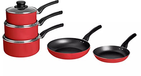 Martin Mart 5 Piece Aluminium Pan Set Suitable for Gas and Electric Hobs These Pans Have Bakelite Handles That Can Withstand High Temperatures - Red