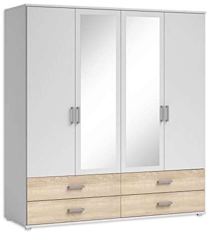 Stella Trading Ivar Espejos y cajones – Armario versátil con 4 Puertas giratorias, Aspecto, Madera de ingeniería, Blanco/Roble Sonoma, 2 Holztüren / 2 Spiegeltüren