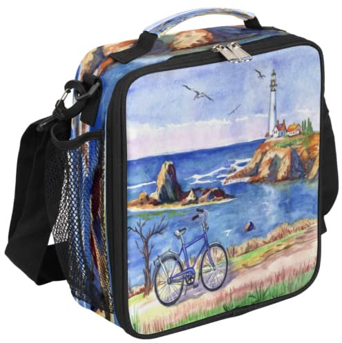 Lighthouses - Lonchera para bicicleta, con pintura de acuarela, bolsa de almuerzo aislada, enfriador térmico con correa de hombro ajustable extraíble para mujeres, hombres, oficina, picnic