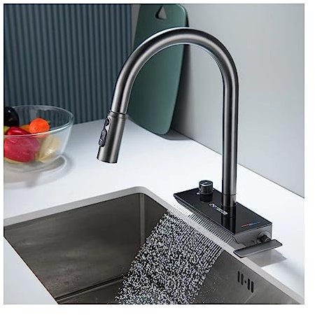 QREZAA Wasserhahn KüChe Grau, Wasserfall Küchenarmatur Mit Brause Ausziehbar, Mischbatterie KüChe Mit Temperaturanzeige, 360° Drehung, Wasserfallauslauf, 3-Funktions-Ausziehbrause, Messing