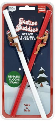 Festive Buddies Straw and Drink Markers - Pack of 2 x 25cm Reusable Silicone Straws with Sexy Santas