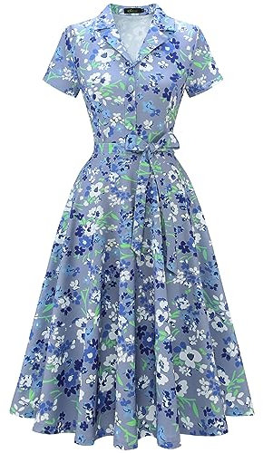 Wedtrend Petticoat Kleid Damen Rockabilly Kleider Damen Elegant Abendkleid Midi mit Ärmeln Kleid Informell Freizeitkleid WTP30001 GreyBlueWhiteFlower S