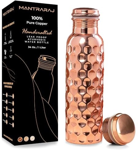 MantraRaj 100% Pure Copper Water Bottle 1 Liter 34 Oz Leak Proof Perfect Ayurvedic Copper Vessel for Sports, Fitness, Yoga, Gym Natural Health Benefits Antique Sports Water Bottle (Diamond)