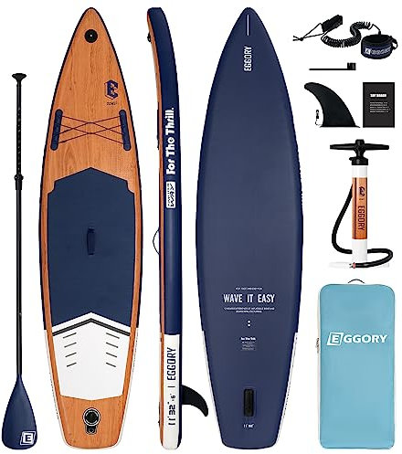 Aufblasbares Stand Up Paddle Board mit Zubehör – SUP mit extra breitem Design für Erwachsene und Jugendliche Aller Erfahrungsstufen (Woodgrain Blue)
