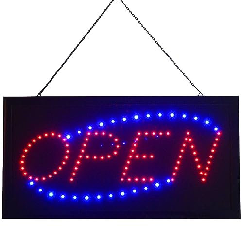 LED Neon Open Sign, 48x25cm Bright Front Open Sign for Business Decorative Illuminating LED Shop Wall Décor Flashing Hang Display Window Light Up Open Board for Restaurant Bars Salon (Red/Blue)