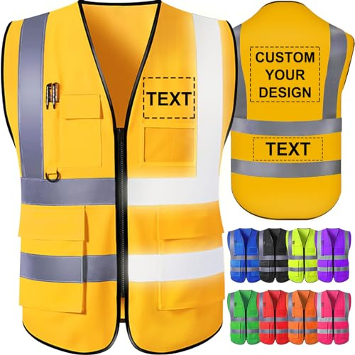 GBVllexuii Gilet de sécurité personnalisé pour hommes avec poches avec logo Gilets réfléchissants haute visibilité dorés Vêtements de travail de sécurité de construction Protection extérieure 2XL