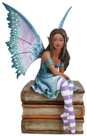 Ebros Gift Amy Brown Fantasy Magic FAE Türkis Ebenholz Fee der Bibliographie sitzend auf Bücherstapel Figur Bibliothek Bücherwurm Wissen Weisheit Fee Fee Figur