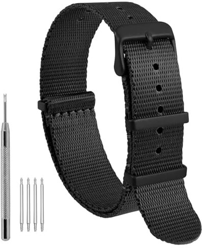 WOCCI 18mm Militär Nylon Uhrenarmband, Einteiliges Nylon Armband für Damen und Herren, Schwarze Schnalle (Schwarz)