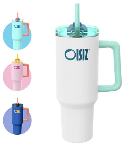 OISIZ Becher mit Griff und Trinkhalm,1200 ml/1.2L Isolierter Edelstah Thermobecher,Wasserflasche EiskaffeeReisebecher,Trinkflasche mit Strohhalm,Deckel zum Schlürfen oder Trinken,BPA-frei