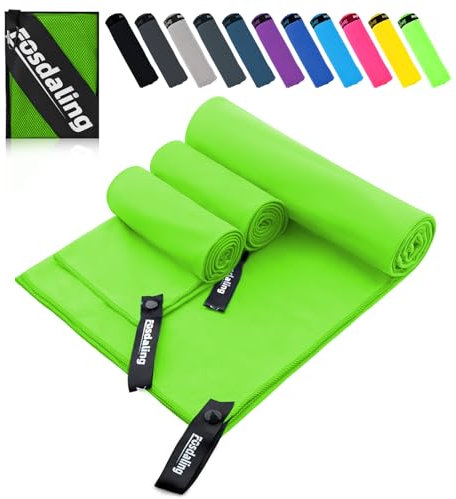 Fosdaling Mikrofaser Handtuch 3er Set(Groß 160×80cm und 2 Klein 80×40cm), Schnelltrocknend Microfaser Fitness & Sport Handtücher, für Strandtuch, Badetuch, Sporthandtuch und Reisehandtuch (Grün)