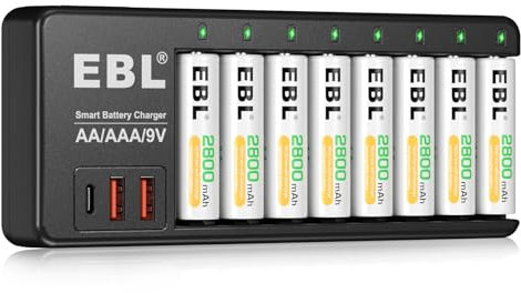 Chargeur de Piles 9V AA AAA EBL- avec 8 Piles AA Rechargeables 2800mAh Haute Performance