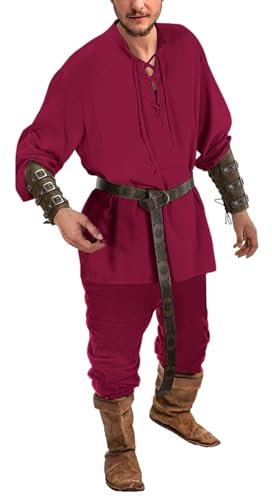 Bauzuoyo Costume da uomo medievale, set da uomo, costume da rinascimento, con camicia medievale, da pirata, pantaloni medievali, con cinturino alla caviglia, cintura, accessori per la protezione del