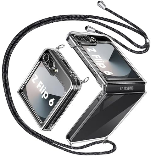 Coque pour Samsung Galaxy Z Flip 6 Cordon Collier Crystal Clear Transparente Étui Ultra Mince Z Flip 6 5G Foldable Case Antichoc Protection Coque Portable Réglable Chaîne (Noir)