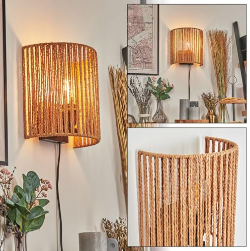 Wandleuchte Colmeal, Wandlampe aus Metall/Seil/Bast in Schwarz/Natur, Leuchte im Boho-Design, Wandleuchte mit Stecker und Schalter, abnehmbares Kabel, UP&Down Lichteffekt, 1x E27, ohne Leuchtmittel