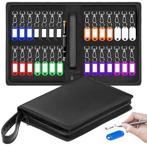 ENONEO Schlüsselschrank Schlüsselkasten für 28 Schlüssel, Wandmontierter Schlüsseltresor Leder Schlüsseletui mit Reißverschluss, Tragbarer Schlüssel Organizer Mappe Schlüsseltasche für Auto Büro Haus