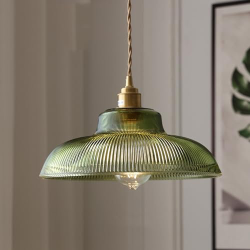 Fábrica Lámpara colgante de cristal a rayas verdes moderna, accesorio de iluminación colgante de cúpula grande, lámpara colgante de techo de cristal acanalado de cono, lámpara vintage para cocina, isl