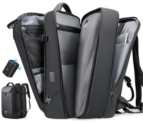 TANGCORLE Vacuum Seal Travel Backpack, 50L Expandable Vacpack Backpack with Vaccum Compression System, Water Ressistant 17.3 Inch Laptop Backpack with USB Charging Port-Vacuum Pump Included