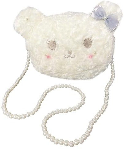 duoyif Bär Umhängetasche Plüsch, Mädchen Umhängetasche Klein Bär Mit Perlenkette, Kleine Tasche Mädchen, Niedlicher Bär Handtasche Plüschtasche Für Mädchen Jugendliche Damen (Bär weiß)
